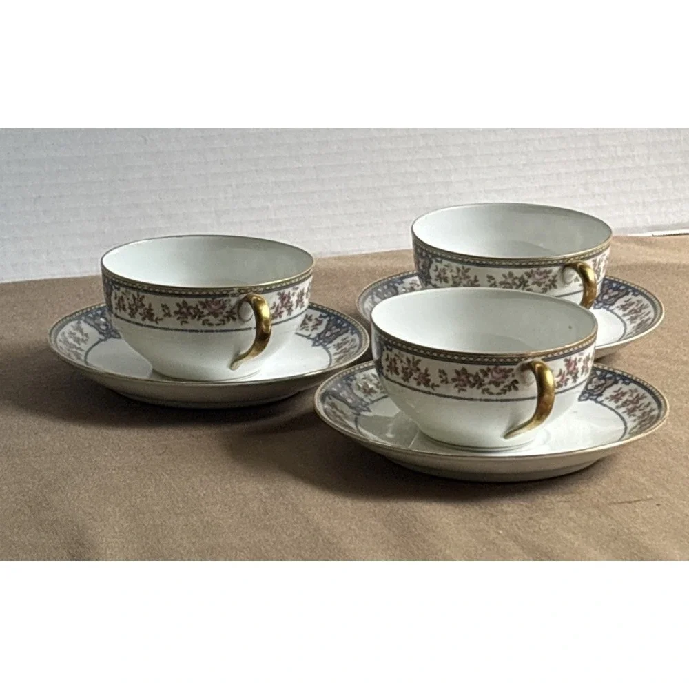 3 Sets Vintage Noritake Nippon China The Malay Cups & Saucers Blue Pink Flowers